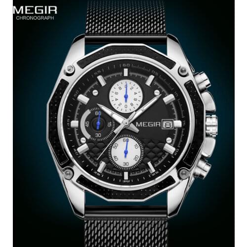 Megir 2020 Quartz Watches Men Mesh Fashion Casual Sport Chronograph Watch for Man Black Luxury Waterproof Mens Wrist Watches