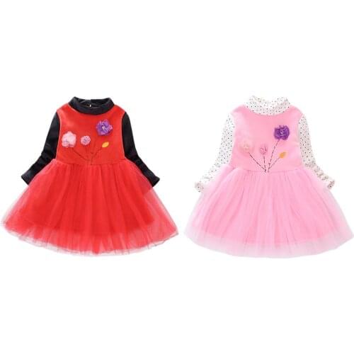 JOCESTYLE Children Flower Decor Stand Collar Fleece Princess Dress Thickened Kids Girls Winter Long Sleeve Cotton Mesh Dresses