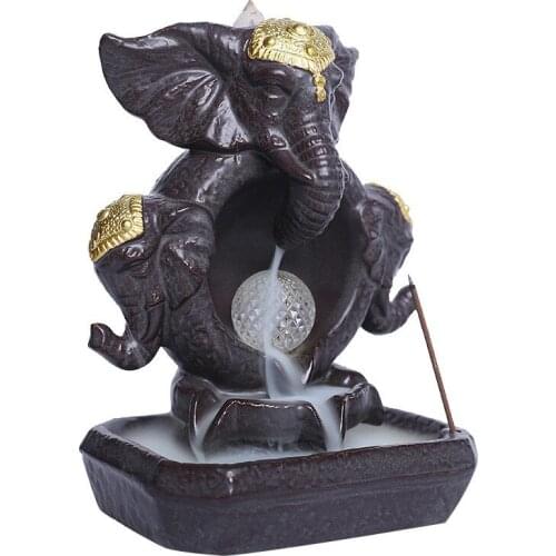 [HHT] Ceramic Ganesha Smoke Backflow Incense Burner Creative LED Lamp Elephant God Aromatherapy Furnace Feng Shui Decoration