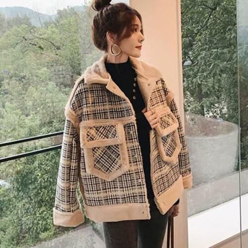 Vintage Plaid Printing Short Warm Thickened Lamb Woolen Jacket Winter Loose Plus Size 4xl Chest Pocket Coats Pink Khaki Outwear