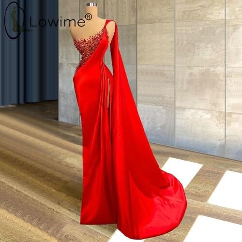 2021 Red One Shoulder Pearls Mermaid Evening Dresses Sexy High Split Satin Prom Party Gowns Custom Made Formal Dresses