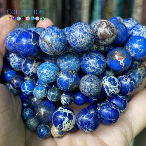 Natural Blue Sea Sediment Jaspers Stone Spacer Loose Round Beads For Jewelry Making 4-12 mm Diy Bracelets Accessories 15"