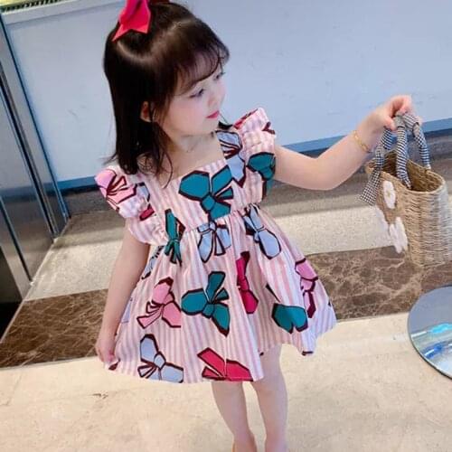 Summer Girls' Dress 2020 New Striped Bowknot Casual Flying Sleeve Party Princess Dress Cute Childrens Baby Kids Girls Clothing