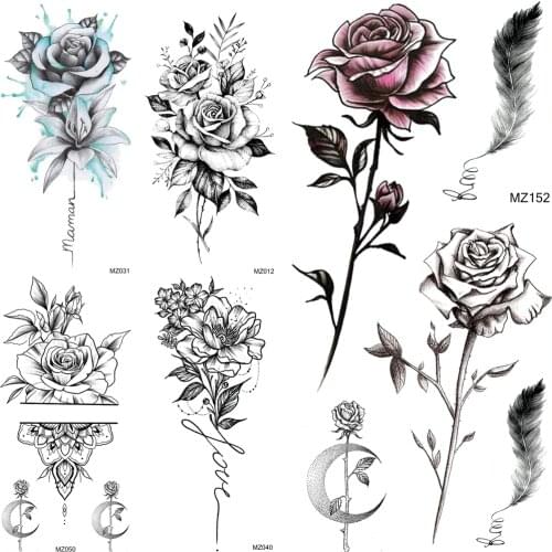 Fashion Flower Temporary Tattoos Sticker Fake Feather Black Rose Tatoos 3D Waterproof Beautiful Body Art Tatoo For Women Holiday