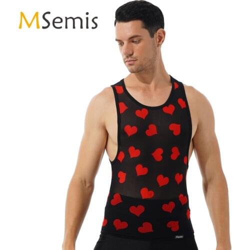 Mens Fashion Heart Print Top Tees See-Through Mesh Tank Top Breathable Round Neck Sleeveless Slim Fit T-shirt Vest Tops