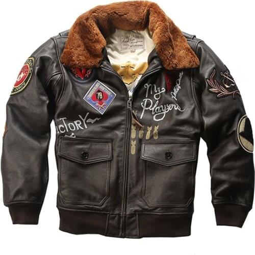 2021 Genuine Leather Jacket Embroidery Standard Bomber Flight Suit Leather Jacket Mens First Layer Cowhide Leather Jacket