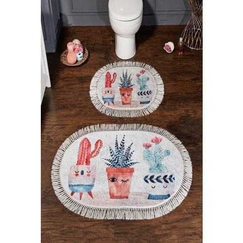 Digital Printed-Fringed Bathroom Mat Set Oval Closet Suit 2li