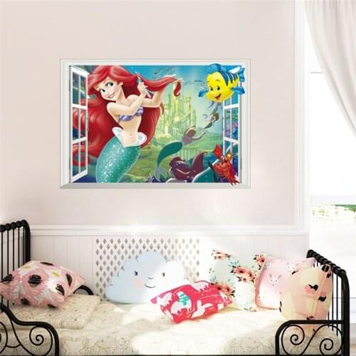 Mermaid Ariel Princess Sealifes Wall Stickers For Home Decoration Diy Kids Room 3d Window Mural Art Girls Decals Movie Posters