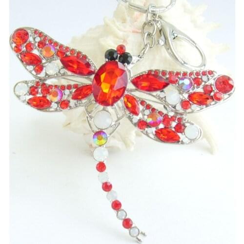 Charming 3.74" Red White Rhinestone Crystal Dragonfly Keychain Pendant K05684C5