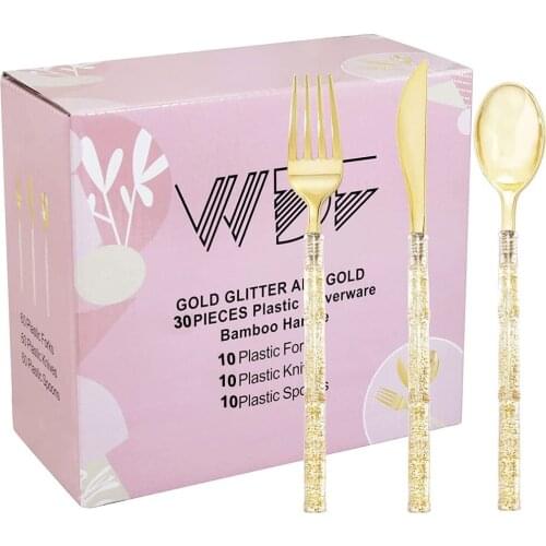 30-Piece Disposable Tableware Golden Plastic Silverware With Golden Sequin Handle 10 Forks 10 Spoons and 10 Knives Combo Set