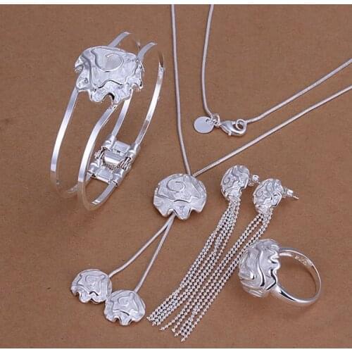 S324 Wholesale,silver color jewelry set, fashion jewelry set Rose Ring Drop Earrings Bangle Necklace Jewelry Set