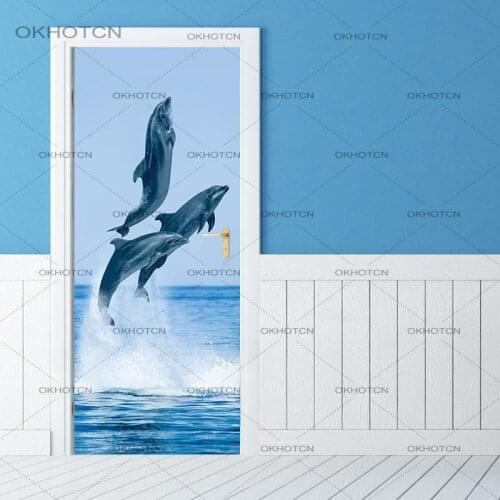 DIY Door Sticker Seascape Paper Self Adhesive Decal Home Decor Dolphin Animal 3D Print Photo Art For Living Room PVC Waterproof