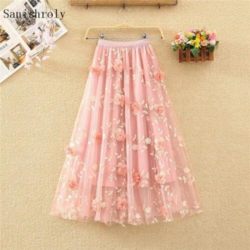 Sanishroly 2021 Spring Women Flowers Embroidery Mesh Skirts Elastic High Waist A-Line Skirts Ladies Sweet Midi Long Skirt CD156