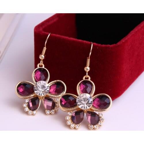 UNNAIER Bohemian personality Flowers Fuchsia Semi-precious stones earring Female Prevent allergy Rhinestone Ear jewelry