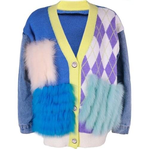 YOLOAgain 2021 New Design Women Color Blocking Cardigan With Fox Fur Ladies V-Neck Oversized Sweater