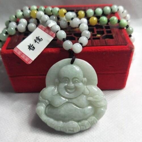 Zheru Jewelry Pure Natural Jadeite Light Green Happy Buddha Pendant Three-color jadeite jade necklace Send A-level certificate