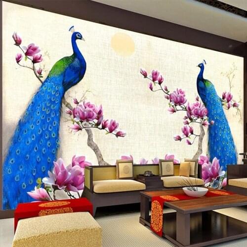 Custom Mural Wallpaper 3D Blue Peacock Oil Painting Living Room TV Sofa Study Home Decor Classic Wall Papers Papel De Parede 3 D