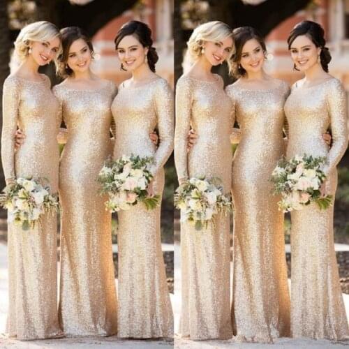 Sparkly Champagne Sequins Bridesmaid Dresses with Long Sleeve 2021 Jewel Neck Bohemian Beach Mermaid Bridesmaid Gowns cheap