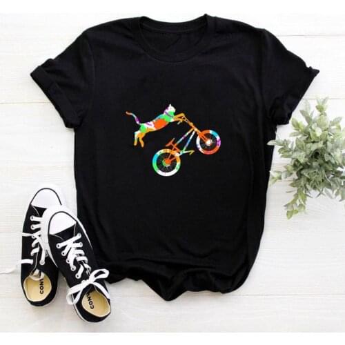 Cat Riding A Bicycle T Shirt Women Short Sleeve Watercolor Painting Tee Women Cotton Tshirt Women Top Pink Kawaii Femme T-shirts