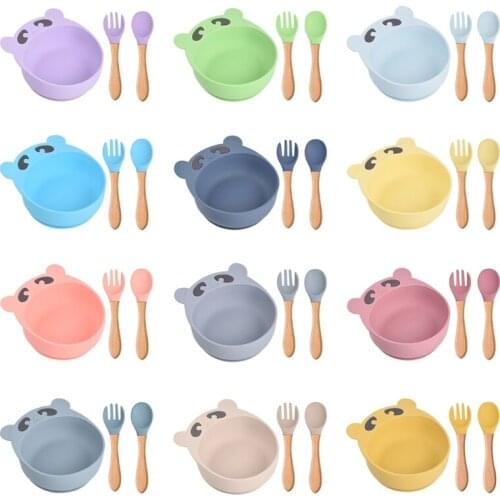 Baby Training Bowl Spoon Fork with Wooden Handle Set Silicone Suction infant tableware dinnerware Toddler kid child children