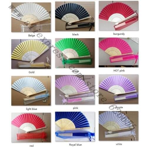 DHL 200pcs/lot personalized silk hand fan silk wedding fan with organza gift bag packing