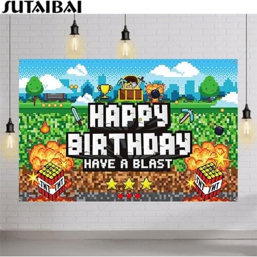 Game Happy Birthday Backdrop Photography Background Pixel Block Game Banner Boys Kids Adults Party Supplies Photo Background
