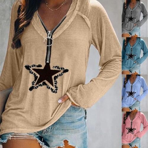 European and American New Autumn Top Pentagram Printing Zipper V-Neck Tshirt Solid Long Sleeve Casual Tee Fashion Women Clothing