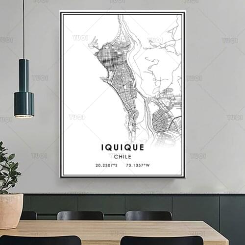 Map print poster canvas poster canvasWorld Map IQUIQUE Black White MapPoster Picture Art