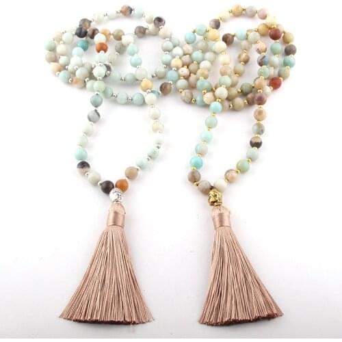 Fashion Bohemian Tribal Beige Tassel Yoga Jewelry Amazonite Stone Buddha Necklace For Women Lariat Necklaces