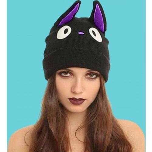 Cartoon Cute Anime Kikis Delivery Service Cat Jiji Black Cat Beanie Winter Warm Wool Blends Soft Warm Knitted Cap Hat