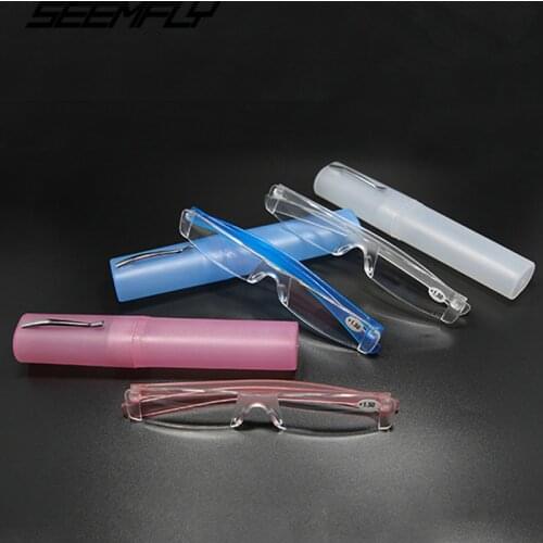Seemfly Comfy Rimless Reading Glasses Resin Clear Lens Women Men Portable Pen Tube Presbyopia Eyeglasses+1.0 To +4.0 With Case