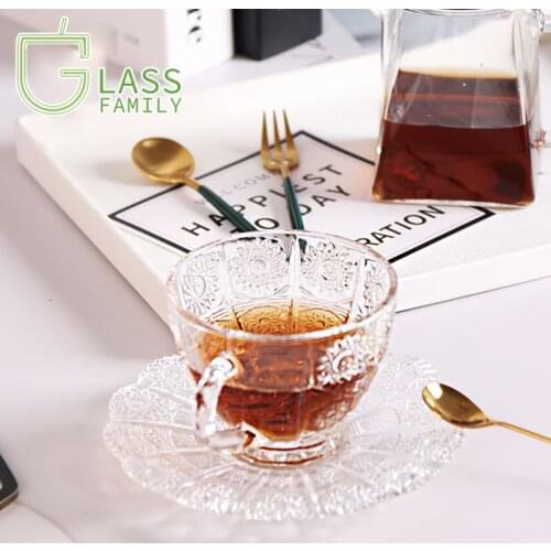 GF Glass Coffee Mug Set Tea Cups and Saucers European Vintage Sunflower Milk Cup for Breakfast Birthday Gifts Shot Glasses Set