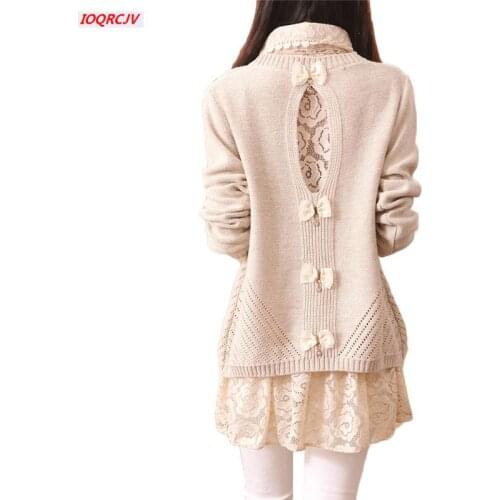 2021Autumn Winter Sweaters And Pullovers Womens Loose Lace Stitching Shirt Collar Sweater Long-sleeved Knit Bottoming Shirt W245
