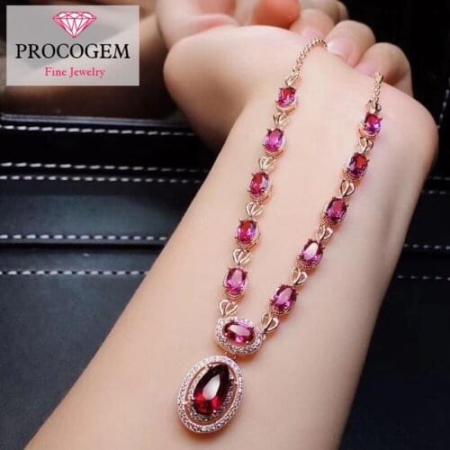 Procogem Pyrope Natural Garnet Necklaces for women Party Anniversary 8.5Ct Real gemstones 925 Sterling Silver Fine Jewelry #319