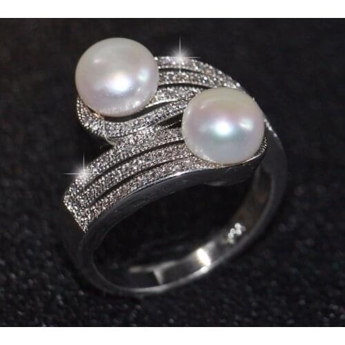 Size 5-9 Wholesale High Quality Luxury Jewelry simulated pearl Pave Clear Cubic Zirconia CZ 0Party Women Wedding Band Ring Gift