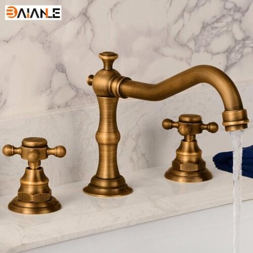 Basin Faucet Deck Mounted Three Holes Double Handles Widespread Bathroom Sink Faucet, Antique Brass Finished Wire drawing
