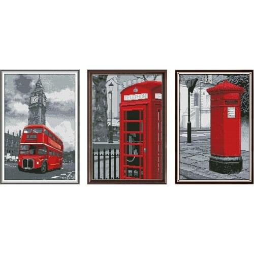 Bus Mailbox Telephone Booth Patterns Counted Cross Stitch Fabric 14ct 11ct Printed Canvas DMC DIY for Needlework Embroidery Kit