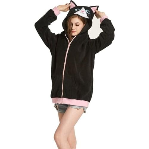Unisex Women Men Hoodie Animal Cartoon Jacket Black Cat Cosplay Tracksuits Zipper Gardigan Sweatshirts