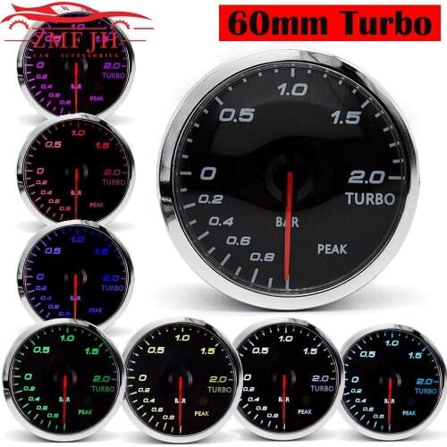 Universal 60mm Racing Car Turbo Boost Gauge -1-2 Bar Pointer Turbo Meter For 12V Racing Car Gauge with 7 Colors LED Backlight