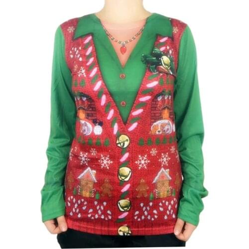 Funny 3D Fake Two Piece Print Ugly Christmas T Shirt for Women Vintage Ladies Holiday Season Ugly Christmas Party T Shirts