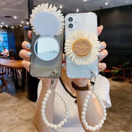 3D Sunflower Makeup Mirror Phone Case for Iphone 6 7 8 Plus X XR XS Max 11 12 Pro Max Cover With Blingbling Pearl Bracelet Funda