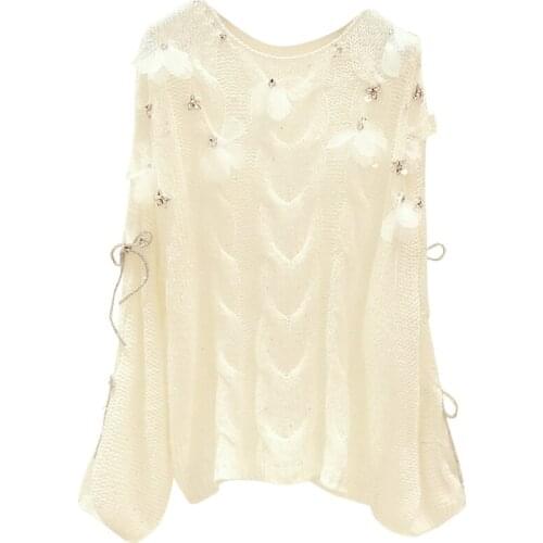 Rhinestone Three-Dimensional Petals Bow Round Neck Long Sleeve Thin Loose Sweater for Women 2021 Spring Ladies White Jumper
