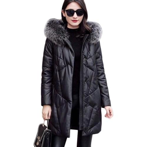 Winter New Warm PU Leather Jacket Womens Long Imitated Fox Fur Coat With Detachable Fur Collar Hooded Cotton Parka Overcoats