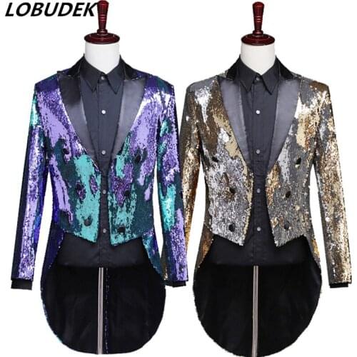 2 Color Men Discolourabe Sequins Tailcoat Magician Swallowtail Male Costume Groom Wedding Clothes Singer Chorus Performance Coat