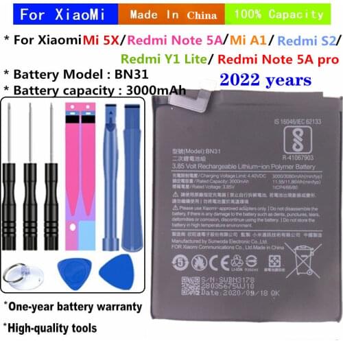 BN31 Battery 3000mAh For Xiaomi Mi 5X / Redmi Note 5A / Redmi Note 5A pro / Mi A1 / Redmi Y1 Lite / Redmi S2 Phonen Battery