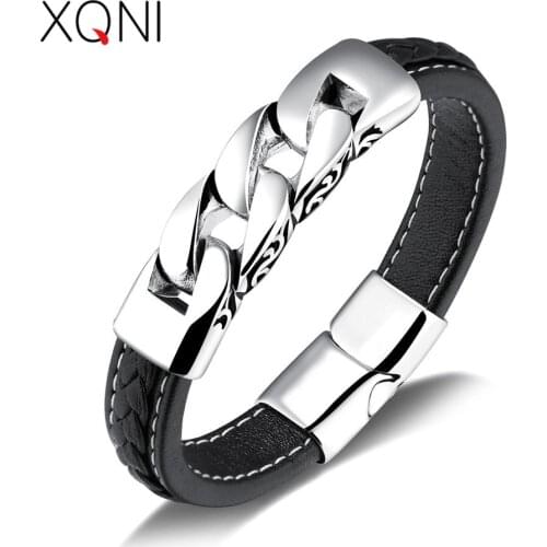 XQNI Minimalist Stainless Steel Black Color Genuine Leather Bracelet For Men Geometry Pattern Punk Style Birthday Gift