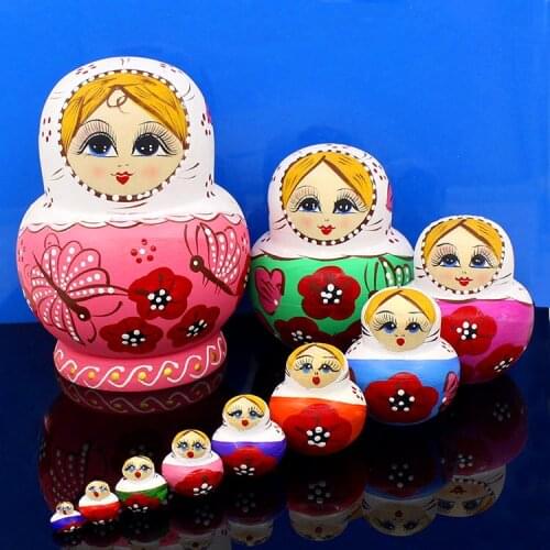 10pcs/set Wooden Russian Nesting Doll Toy Hand-painted Traditional Matryoshka Dolls Home Articles Childrens Educational Toys