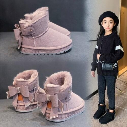 Snow Boots Kids 2020 Korean Winter Girls Bowtie Felt Warm Princess Flock Leather Plush Rhinestones Rubber Boots Shoes Girl Child