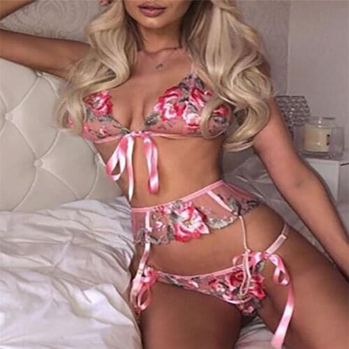 Women Lace Embroidery Sexy Lingerie Suits Mesh Sheer Bralette Push Up Wireless Seamless Bra+G-string See-through Nightwear