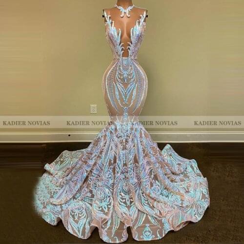 KADIER NOVIAS Women Long Mermaid White Prom Dresses 2021 Sheer Neck Sequin Lace Sweep Train Evening Gown Vestido De Fiesta